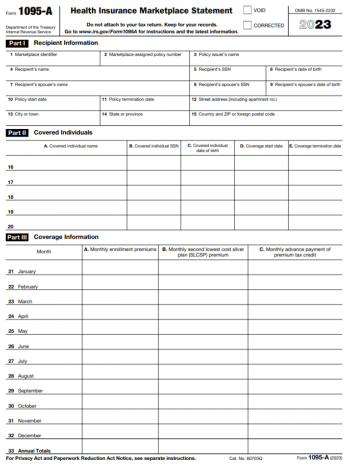 IRS Tax Form 1095-A for 2023 ≡ Printable 1095A Form: Blank PDF & Free Fillable Statatement